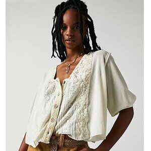 Free People Mae Embroidered Lace Button Down Top Ivory Medium